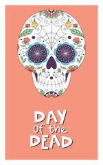 Vector illustration. Banner with Mexican skull, ornament and flowers. Sugar skull. Lettering for the Day of the Dead. Poster. Card. - 525913251