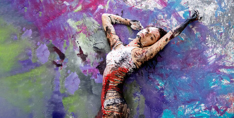 young, sexy, seductive, sensual woman girl in underwear, sportswear, artistic abstract painted with white, red and black paint, lying on the colorful painted floor in the artist studio