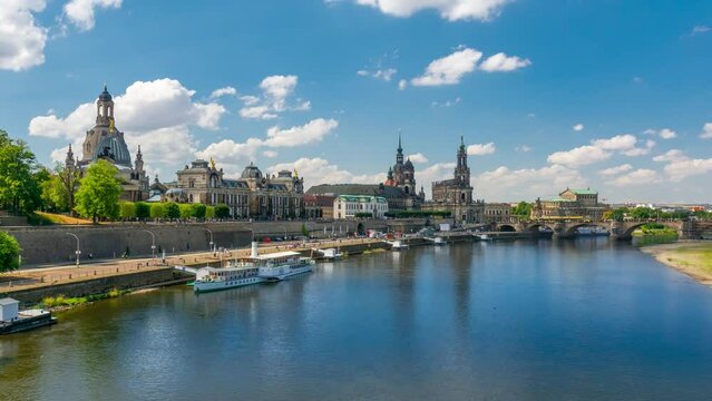 Timelapse footage of the old town dresden from carolabrucke when boat is landing
