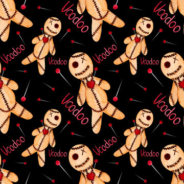 Watercolor seamless pattern with voodoo doll with simple lettering on dark background. For various Halloween products.