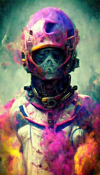 Portrait of a neon spaceman from the future. An astronaut posing in an astronaut costume and space helmet in the middle of multicolored smoke.