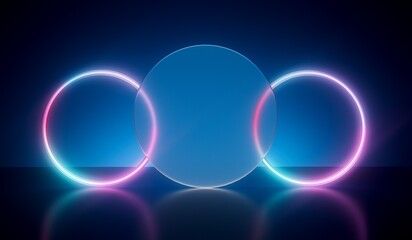Abstract geometric minimal frosted glass and neon product display showcase background. 3D Render