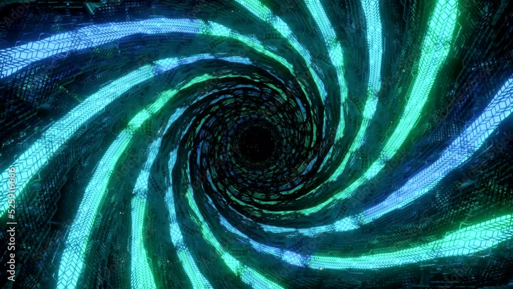 Poster a swirling blue and green tunnel. design.the light lines that make up the kaleidoscope pattern rotat