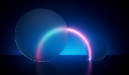 Obraz premium Abstract geometric minimal frosted glass and neon product display showcase background. 3D Render