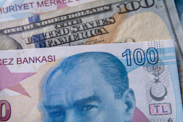 100 US Dollars and 100 Turkish Liras Close Up