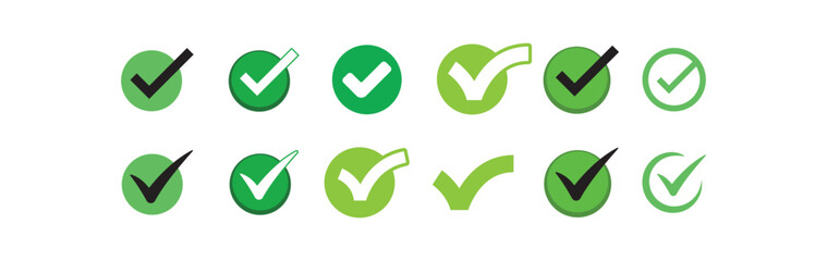 Check mark icons. Green checklist tick symbol. Approved and positive symbol.