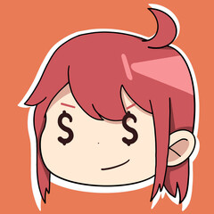 Anime sticker with a girl face and with different emotions on her face and with red hair