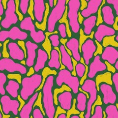 Obraz premium Abstract seamless pattern with pencil drawn colorful stains. Pink and yellow animal stains on green background painted with chalk