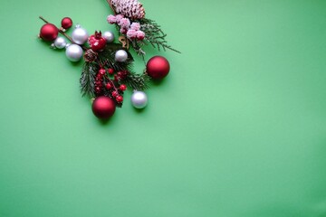 Christmas border with xmas tree and gifts on green background. Winter holiday. Christmas flatly.	