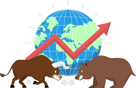 Bull and bear with world and graph in background, stock market trend concept