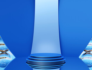 Blue podium with big glass spherical objects and big ribbons. Stand to show products. Blue stage showcase with reflection for presentation. Pedestal display. 3D rendering. Studio platform template.