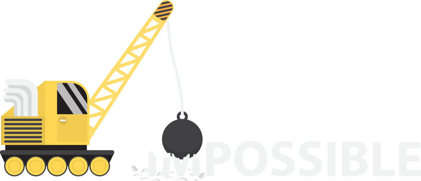 Crane with wrecking ball making the impossible possible with silhouette city in background