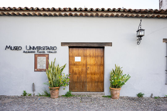 Facade of University Museum Alejandro Rangel Hidalgo, Old colonial church in the town of nogueras, ex hacienda of the Rangel family. Nogueras, Comala, Colima, June 24, 2024.