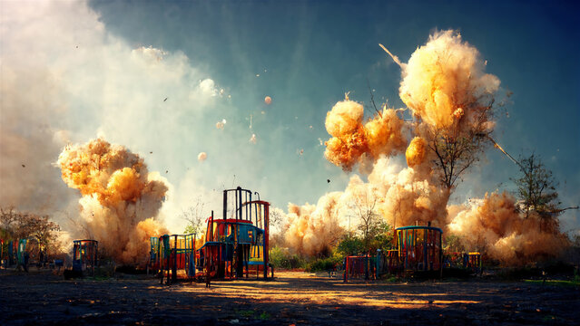 Explosion in the playground against blue sky, abstract picture