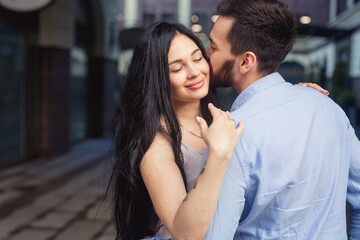Smiling, loving, beautiful people spend time together outdoors. couple in love outdoors.Concept of love, people, happiness and lifestyle.