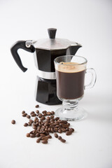 Small cup of coffee machine beans grains gourmet beverage waking up breakfast
