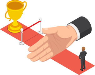 Flat 3d isometric big hand hinder businessman from finish line and trophy. Business and success obstacle concept.
