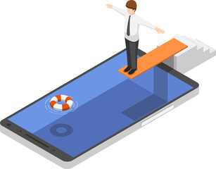 Flat 3d isometric businessman on springboard ready to jump in the smartphone pool. Smartphone addiction concept.
