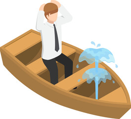 Flat 3d isometric businessman sitting in leaking boat. Business crisis concept.