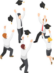 Flat 3d isometric businessman throw graduation hat in the sky. Business and education concept.