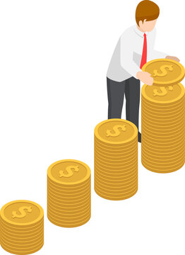 Flat 3d isometric businessman put coin to growth stack of coins. Saving money and investment concept.
