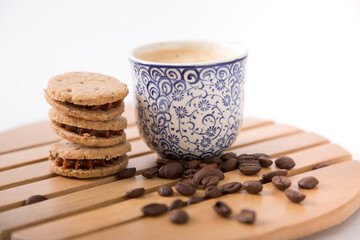 Small cup of coffee machine beans grains gourmet beverage waking up breakfast