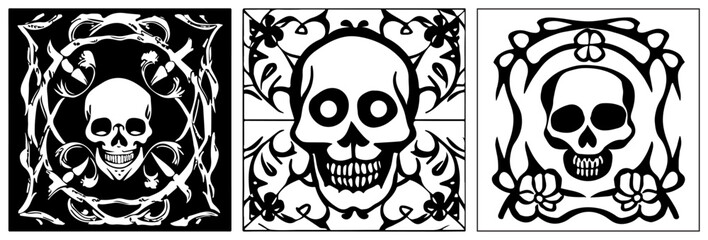 Skulls with flowers background collection. Minimalist line art.