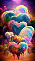 Obraz na płótnie Canvas Abstract multicolored wonderful hearts. Lots of colored airy hearts, colored paints, rainbows and multicolored smoke. Colorful rainbow illusion. The concept of dreams and loves.