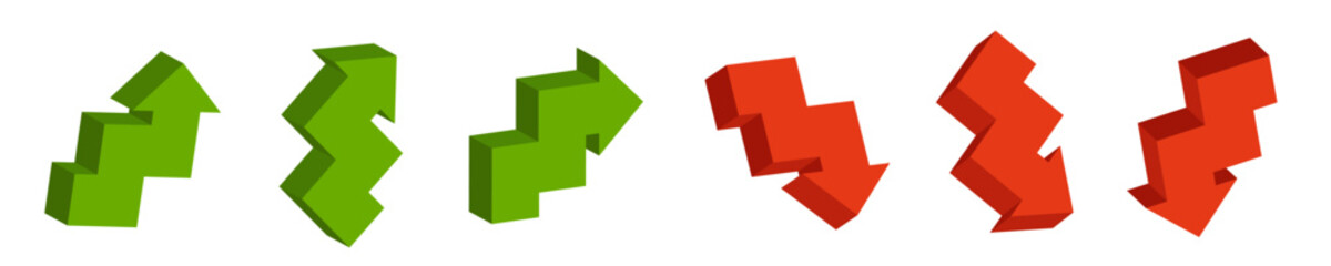 Red and green 3d arrow. Vector isometric arrow set isolated on white background.