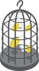 Isometric flying dollar trapped in bird cage, keeping money safe, saving money, financial concept, VECTOR, EPS10