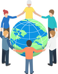 Isometric people around the world holding hands, teamwork, global business, unity concept