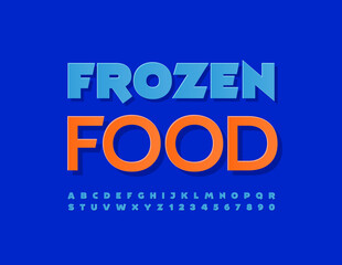 Vector bright sign Frozen Food. Blue sticker Font. Creative set of Alphabet Letters and Numbers