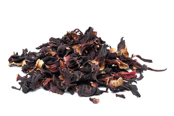 Obraz premium Bunch of dry hibiscus leaves on a white isolated background