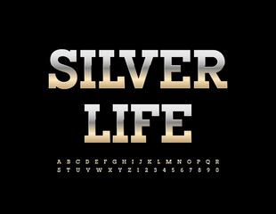Vector premium template Silver Life. Classic style Font. Metallic set of Alphabet Letters and Numbers
