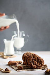 oatmeal cookies and milk on a gray background, cookies with chocolate and crumbs, delicious breakfast for children, healthy food, space for text