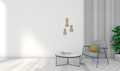 Interior view of a cozy living room with armchairs and cushions on a sunny day