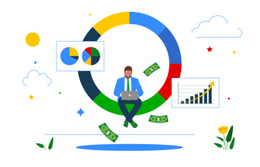 Programmer holding laptop analyze graph and chart. Financial Report. Reviewing investment portfolio. Vector illustration