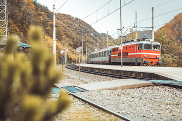 Passenger train with red locomotive rushing through the station of Trbovlje in early autumn.