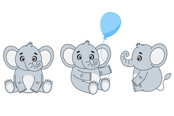 set of gray elephants with a blue balloon
