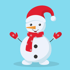 snowman in red santa claus hat in mittens and scarf
