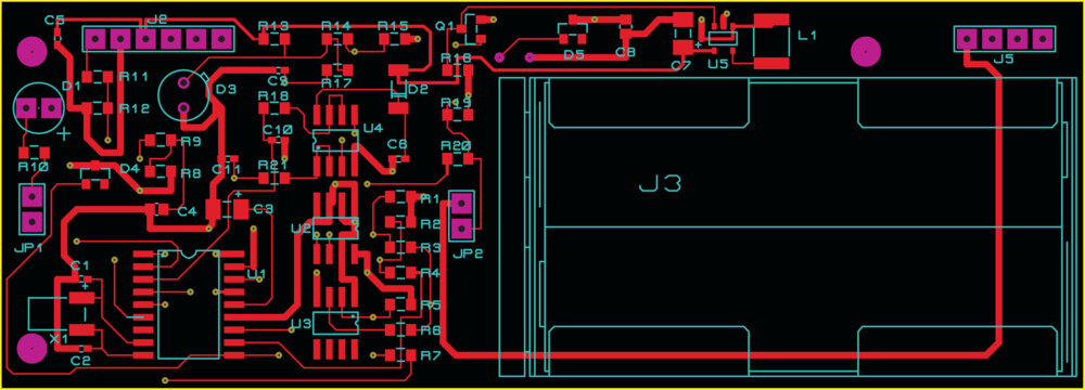 Tracing the conductors of a multilayer printed circuit board. Vector drawing of printed tracks, transition holes, contact pads and copper metallization areas. Electronic circuit board with components