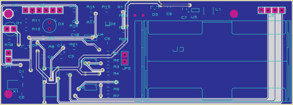 Tracing the conductors of a multilayer printed circuit board.
Vector drawing a1 of printed tracks, transition holes,
contact pads and copper metallization areas.
Silkscreen printing, assembly drawing.