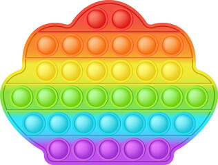 Popit figure seashell a fashionable silicon toy for fidgets. Addictive anti stress toy in bright rainbow colors. Bubble anxiety developing pop it toys for kids. Png illustration isolated on white.