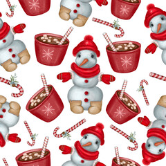 Christmas snowman, cacao drink and candy cane seamless pattern. Hand drawn watercolor cute snowman with cacao and candy cane digital paper. Isolated on white. Design for winter.