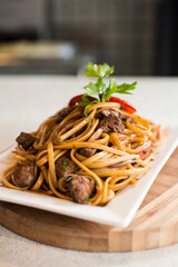 Tallarines con lomo saltado noodles with sauted meat peruvian gourmet restaurant food