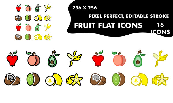flat color icons of fruits, exotic fruits, flat icons with outline. 256x256 pixel perfect, editable stroke, 16 pieces.