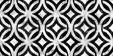 Seamless painted classic diamond and circle stripe black and white artistic acrylic paint texture background. Creative grunge monochrome hand drawn geometric wallpaper motif surface pattern design.