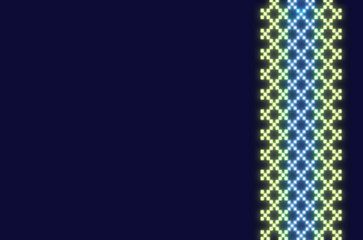 Text background with neon cosmic ornament of yellow and blue squares on dark blue. The concept of Ukrainian style, embroidery, folk traditional motifs, technology