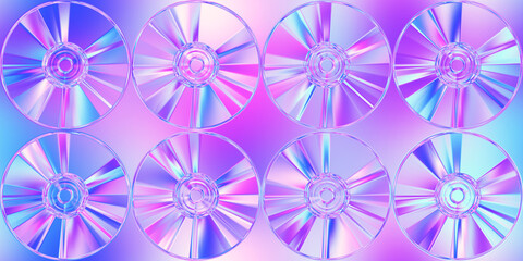 Seamless retro 80s purple aesthetic CD or DVD compact discs etched in plastic jelly plexiglass background texture. Iridescent abstract neon pink and blue webpunk or vaporwave pattern. 3D rendering.