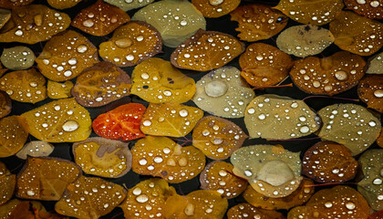 Closeup of Aspen leaves Floating on Water